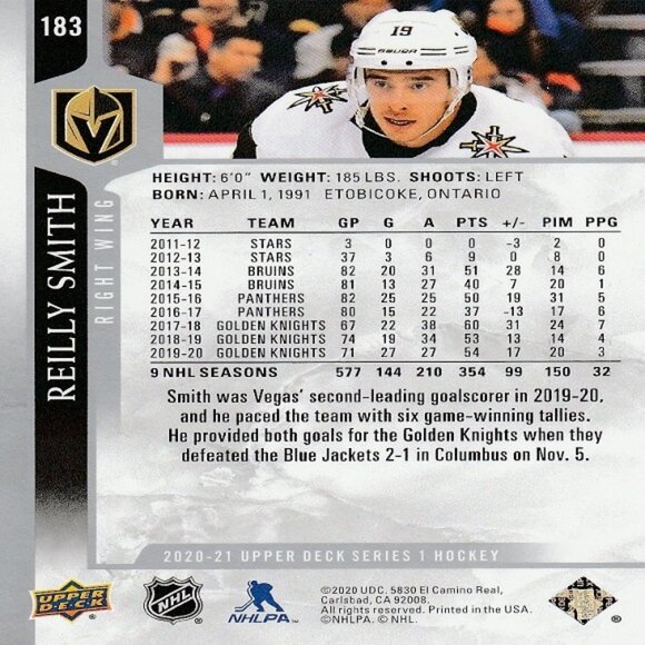 Reilly Smith - 2020/2021 Upper Deck Series 1 Hockey Card - Picture 2 of 2